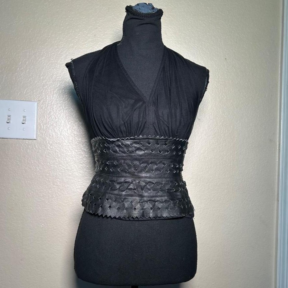 Vintage Tadashi Black Genuine Leather Halter Cami Top Y2K Goth Size 2 XS